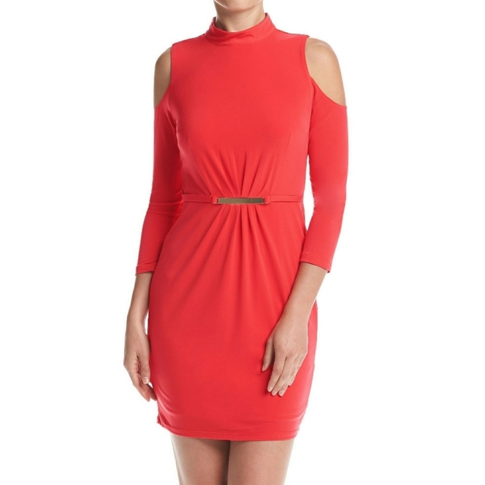 Jessica Simpson Cold Shoulder Coral Mock Neck Attached Belt Sheath Dress Size 2
